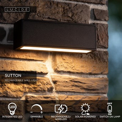 Lucide SUTTON - Wall light Indoor/Outdoor- Solar - LED Dim. - 1x2W 2850K/3150K - IP54 - Motion & Day/Night Sensor - Black